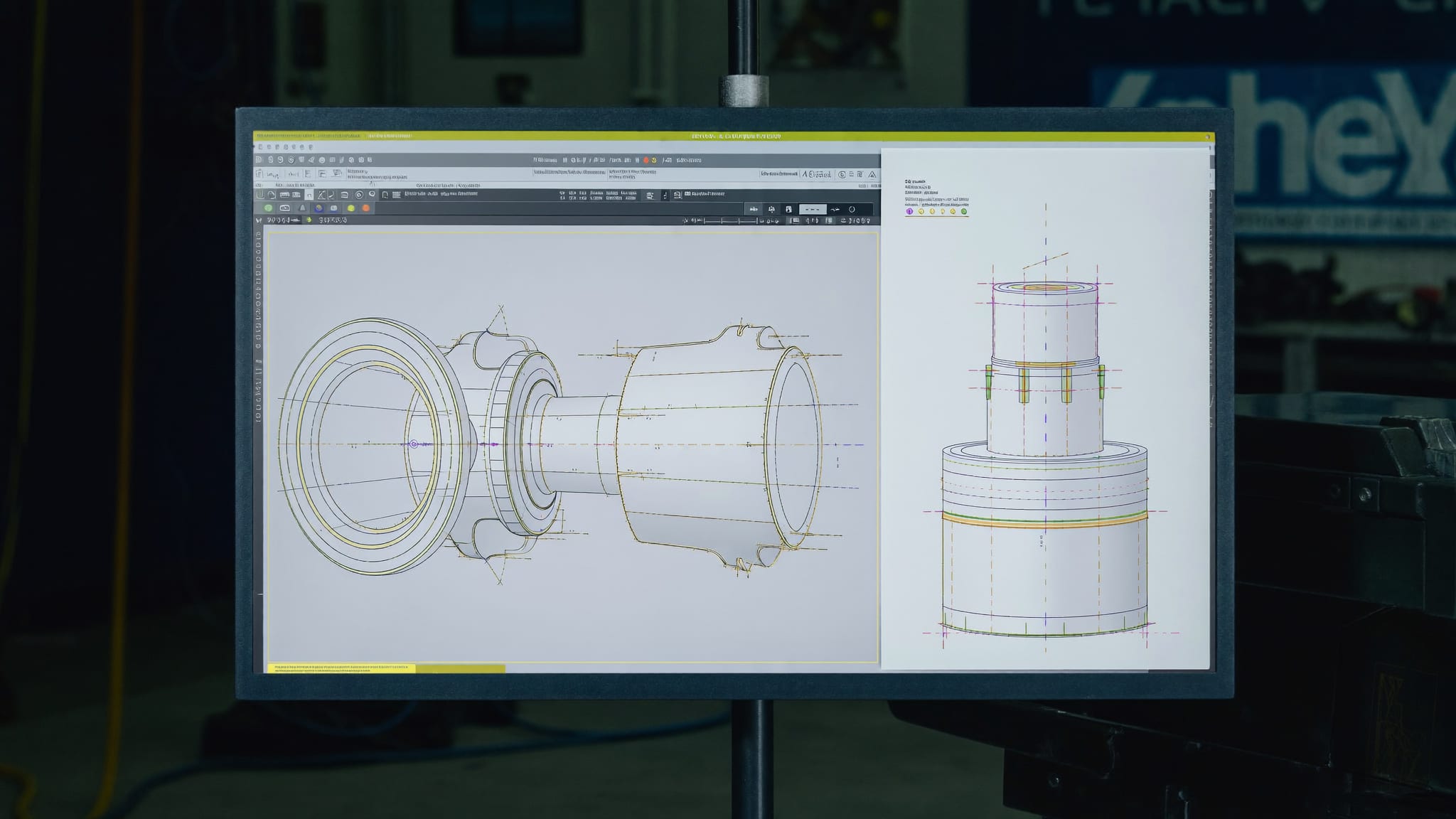 Technische CAD-Konstruktionszeichnung eines Bauteils auf einem Monitor in einer Werkstatt