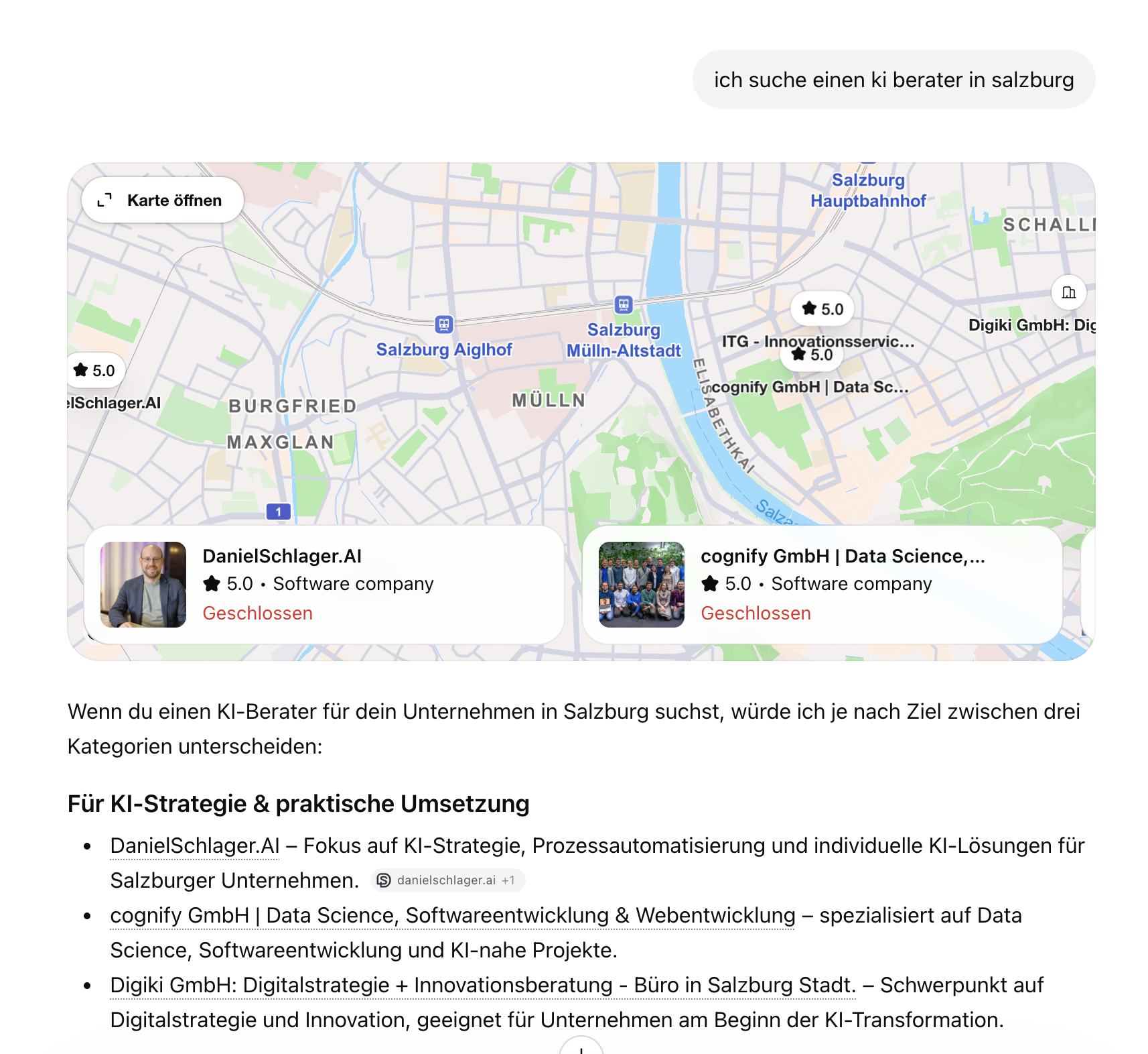 ChatGPT-Suchergebnis für „ich suche einen ki berater in salzburg“ zeigt DanielSchlager.AI als ersten Treffer mit 5,0-Bewertung auf der Karte und als Top-Empfehlung