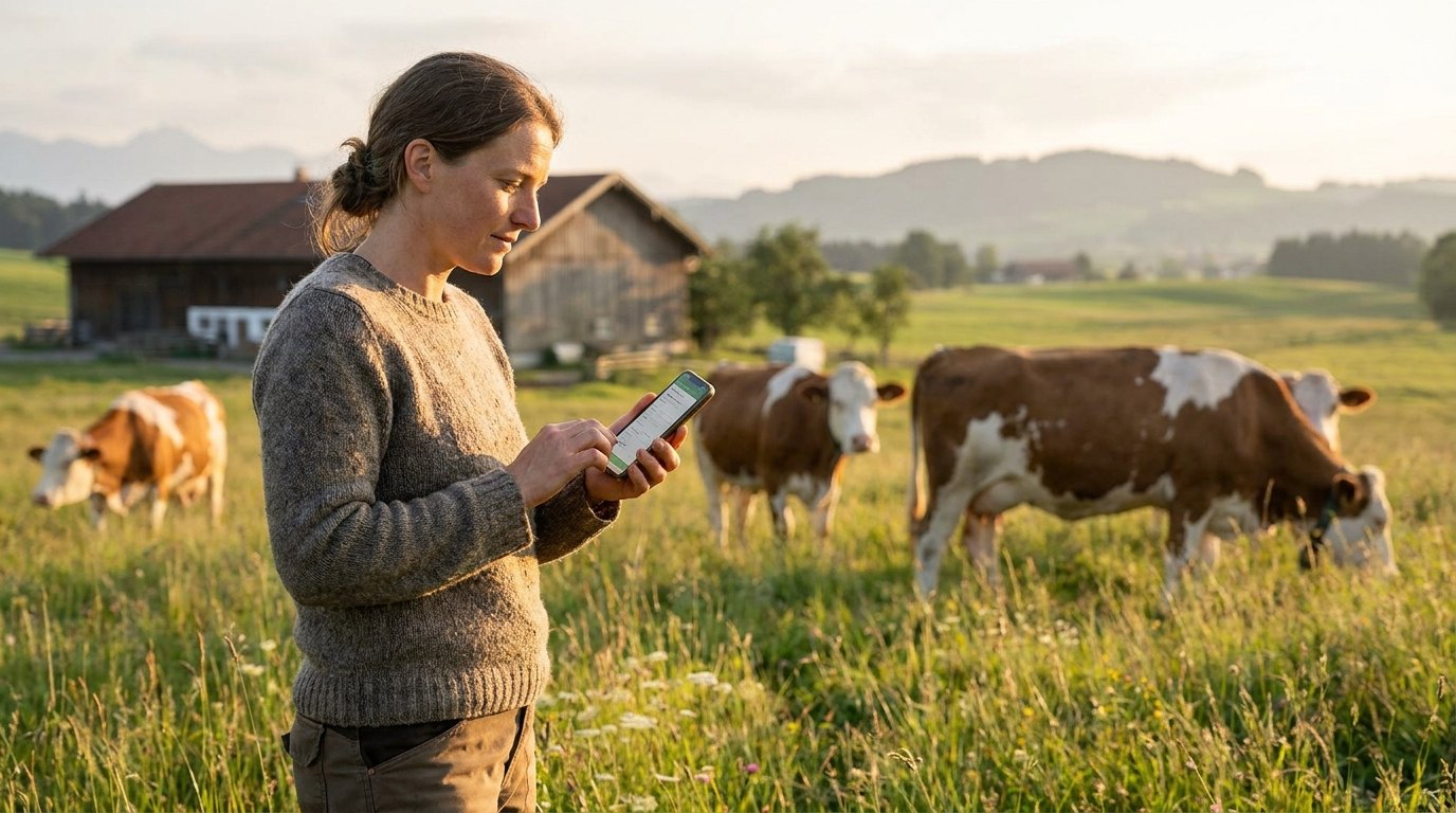 Landwirtin dokumentiert am Smartphone am Feldrand im Abendlicht, Kühe auf der Weide im Hintergrund