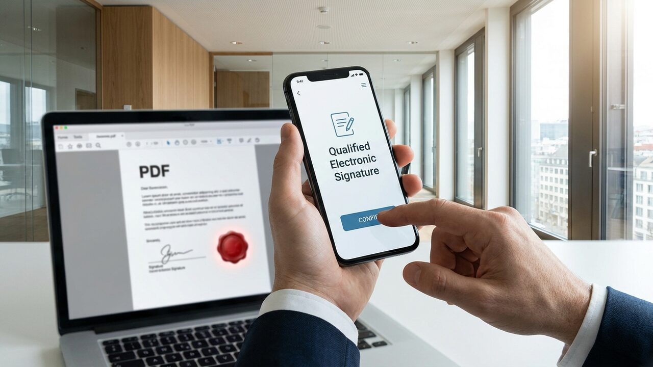 Hand bestätigt eine qualifizierte elektronische Signatur am Smartphone, im Hintergrund ein Laptop mit signiertem PDF und rotem Siegel